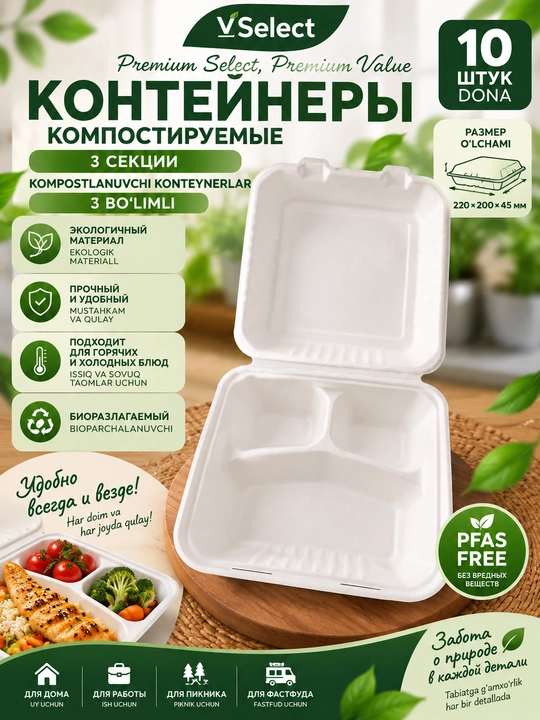 VSelect Контейнер одноразовый, бумажный с 3-мя секциями крышка компостер - 