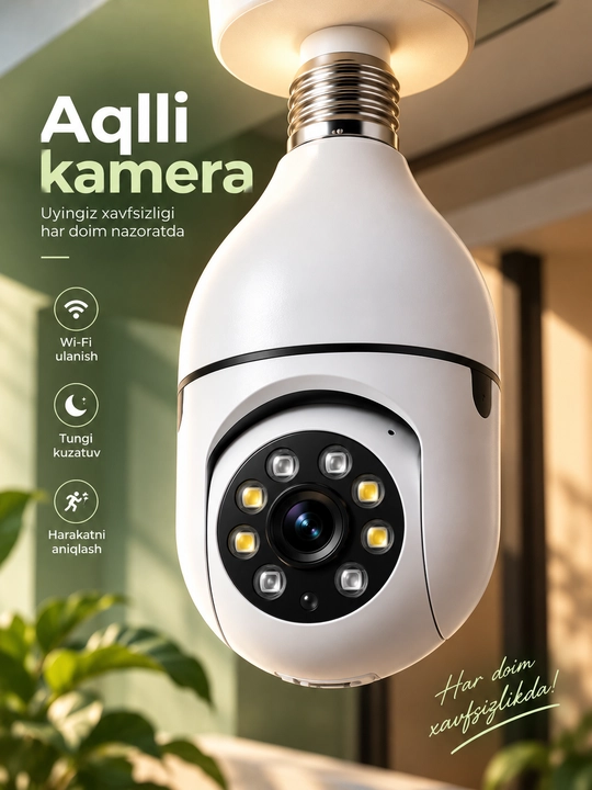 Kamera lampa, aqilli kuzatuv video kamerasi, Wi-Fi bilan, oson o'rnatiladigan - 