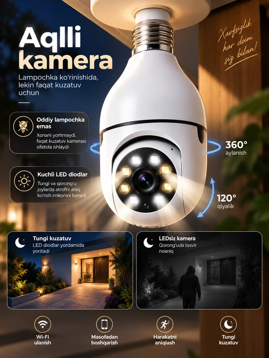 Kamera lampa, aqilli kuzatuv video kamerasi, Wi-Fi bilan, oson o'rnatiladigan