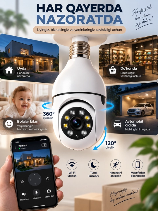 Kamera lampa, aqilli kuzatuv video kamerasi, Wi-Fi bilan, oson o'rnatiladigan