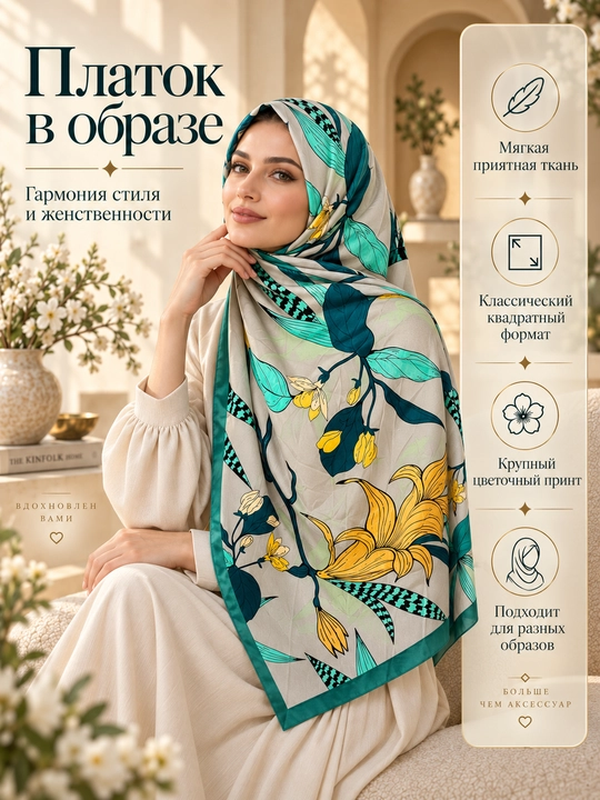 Ayollar uchun atlas ro‘mol 130×130 sm, katta kvadrat bosh ro‘mol, gulli naqsh hijob ro‘mol