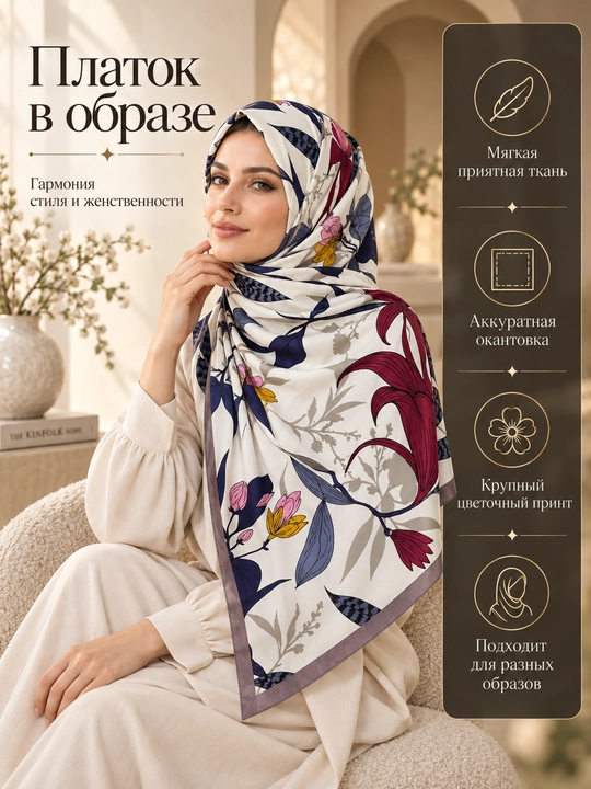 Ayollar uchun atlas ro‘mol 130×130 sm, katta kvadrat bosh ro‘mol, gulli naqsh hijob ro‘mol