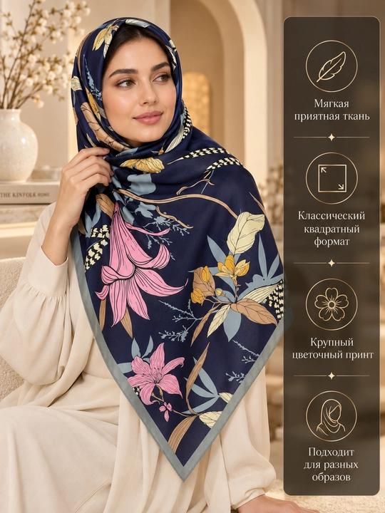 Ayollar uchun atlas ro‘mol 130×130 sm, katta kvadrat bosh ro‘mol, gulli naqsh hijob ro‘mol