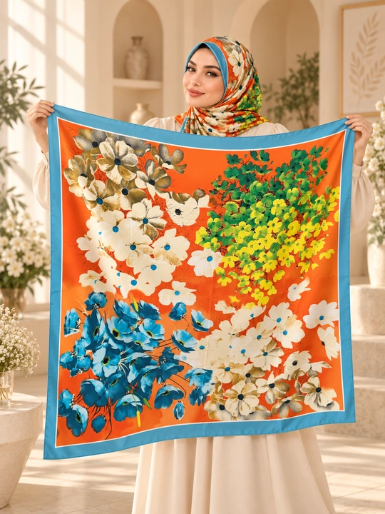 Ayollar uchun atlas ro‘mol 130×130 sm, katta kvadrat bosh ro‘mol, gulli naqsh hijob ro‘mol