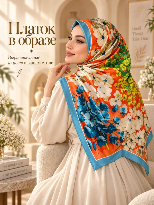 Ayollar uchun atlas ro‘mol 130×130 sm, katta kvadrat bosh ro‘mol, gulli naqsh hijob ro‘mol