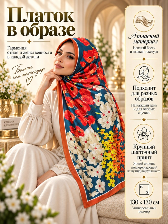 Ayollar uchun atlas ro‘mol 130×130 sm, katta kvadrat bosh ro‘mol, gulli naqsh hijob ro‘mol