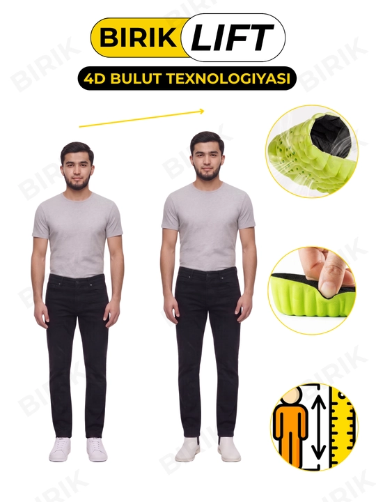 BIRIK LIFT — bo'y oshiruvchi taglik 1.5 / 2.5 / 3.5 sm, yumshoq 4D, nafas oluvchi