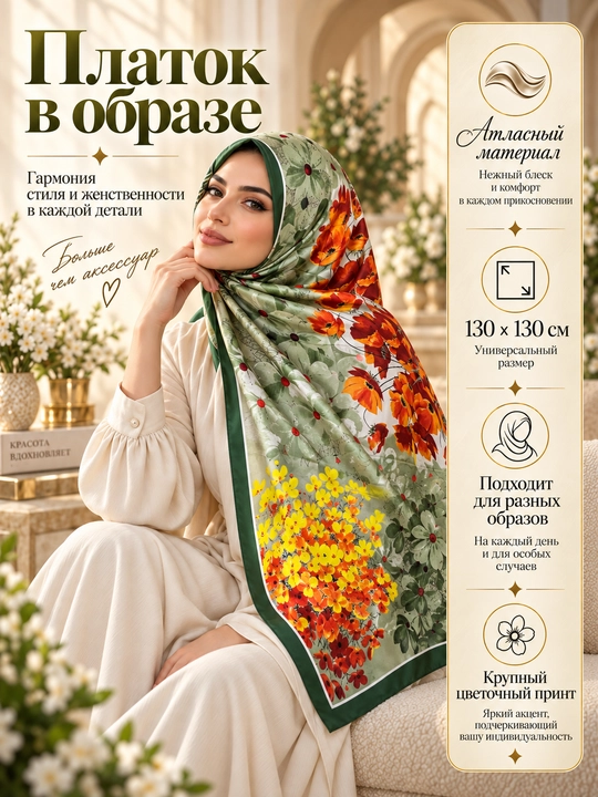 Ayollar uchun atlas ro‘mol 130×130 sm, katta kvadrat bosh ro‘mol, gulli naqsh hijob ro‘mol