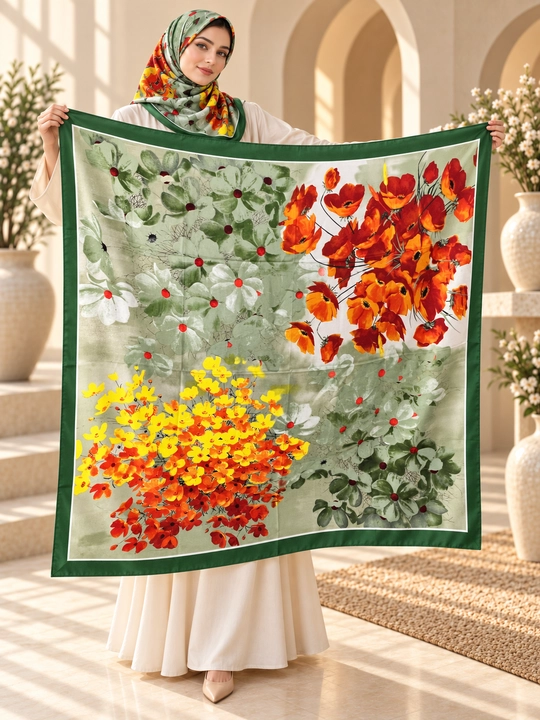 Ayollar uchun atlas ro‘mol 130×130 sm, katta kvadrat bosh ro‘mol, gulli naqsh hijob ro‘mol