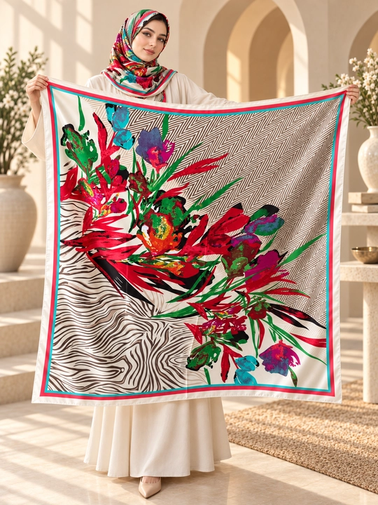 Ayollar uchun atlas ro‘mol 130×130 sm, katta kvadrat bosh ro‘mol, gulli naqsh hijob ro‘mol