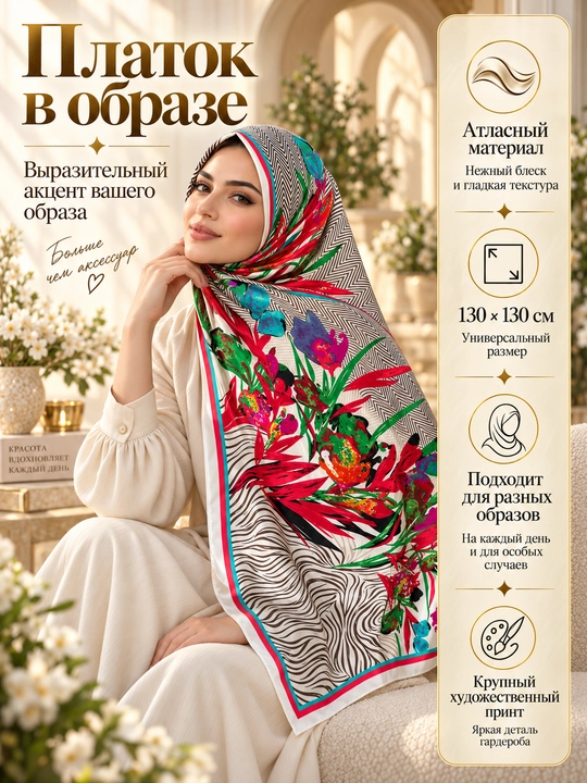 Ayollar uchun atlas ro‘mol 130×130 sm, katta kvadrat bosh ro‘mol, gulli naqsh hijob ro‘mol