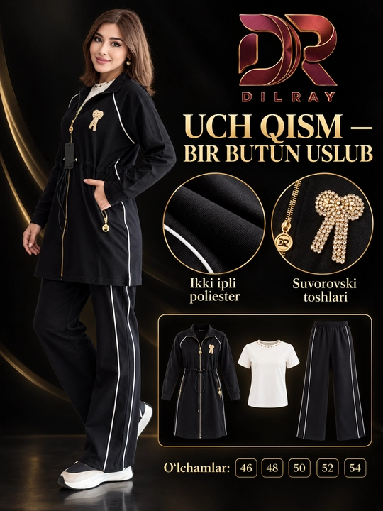 Ayollar uchun uch qismli sport kostyumi, uzun kofta, futbolka va shim, 46–54
