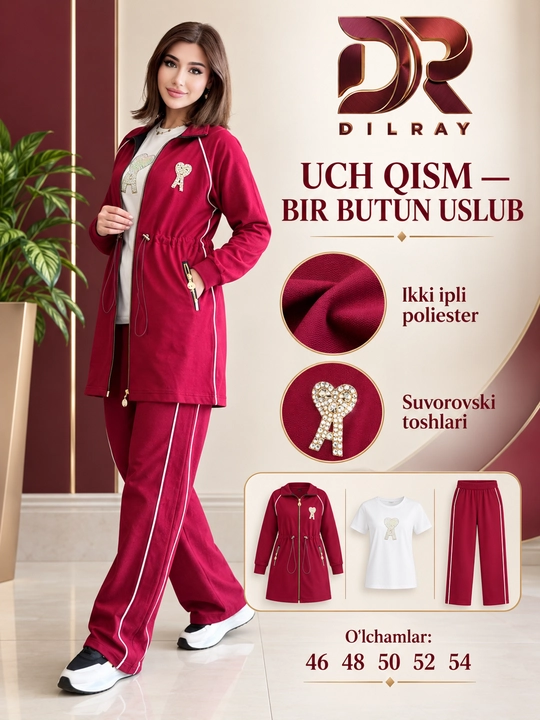 Ayollar uchun uch qismli sport kostyumi, uzun kofta, futbolka va shim, 46–54
