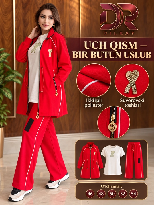 Ayollar uchun uch qismli sport kostyumi, uzun kofta, futbolka va shim, 46–54