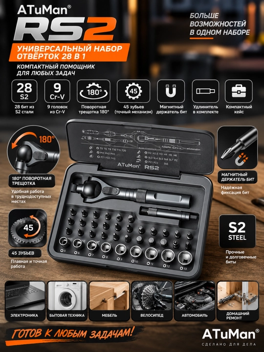 ATUMAN RS2 28 qismli tornavida to'plami - 