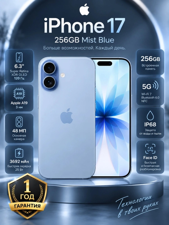 Смартфон Apple iPhone 17 256GB Mist Blue, Синий - 