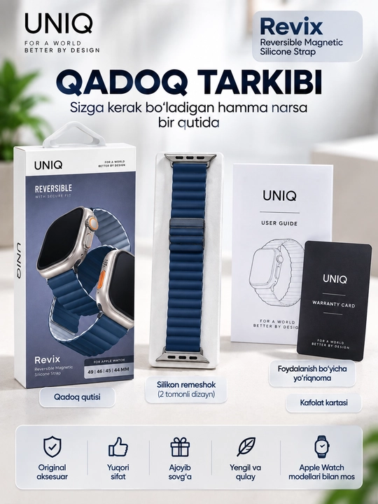 UNIQ Revix Apple Watch uchun ikki tomonlama magnitli silikon remeshok, 49/46/45/44 mm