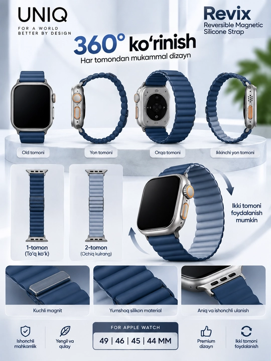 UNIQ Revix Apple Watch uchun ikki tomonlama magnitli silikon remeshok, 49/46/45/44 mm