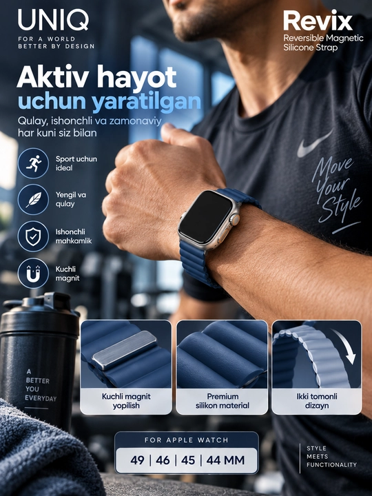 UNIQ Revix Apple Watch uchun ikki tomonlama magnitli silikon remeshok, 49/46/45/44 mm - 