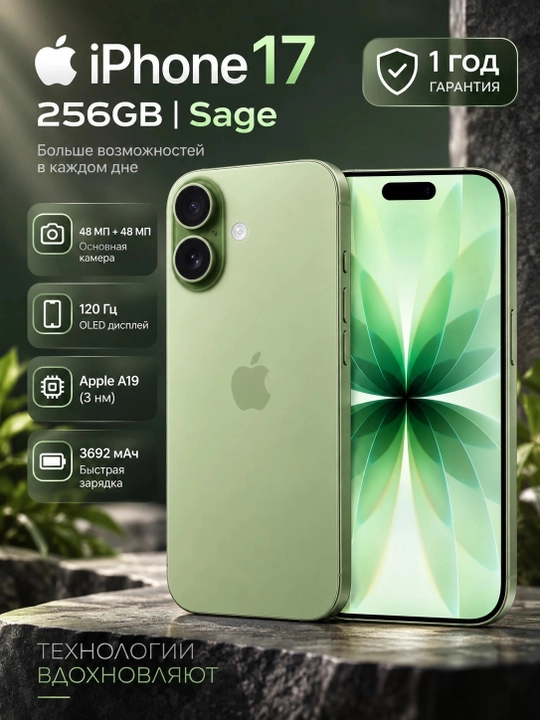 Смартфон Apple iPhone 17 256GB Sage, Зеленый - 