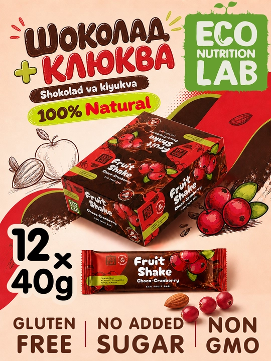 Фруктово-ореховые батончики в шоколаде Fruit Shake Choco, клюква в шоколаде, 12 шт x40 г - 