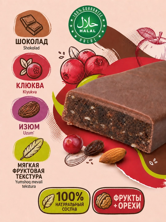 Fruit Shake Choco meva-yong‘oqli batonchasi, shokoladli klyukva ta’mi, 12 dona x 40 g