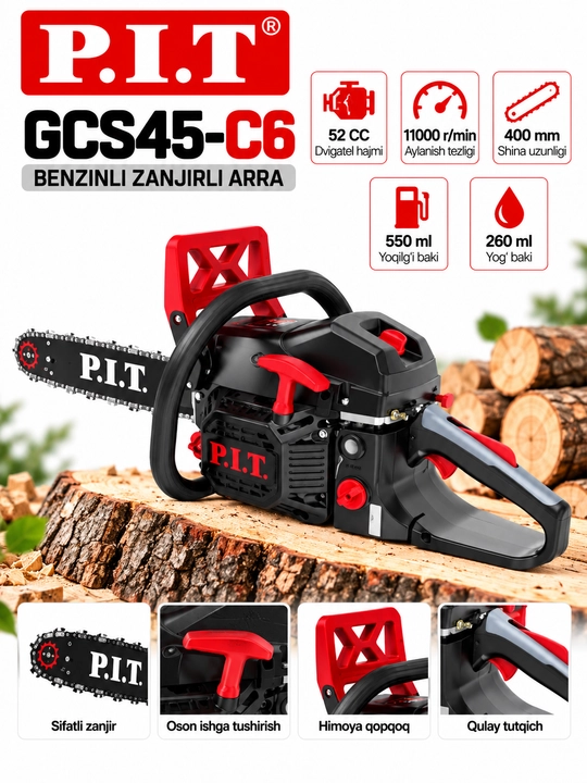 Бензиновая цепная пила P.I.T. GCS45-C6 52CC, шина 400 мм - 