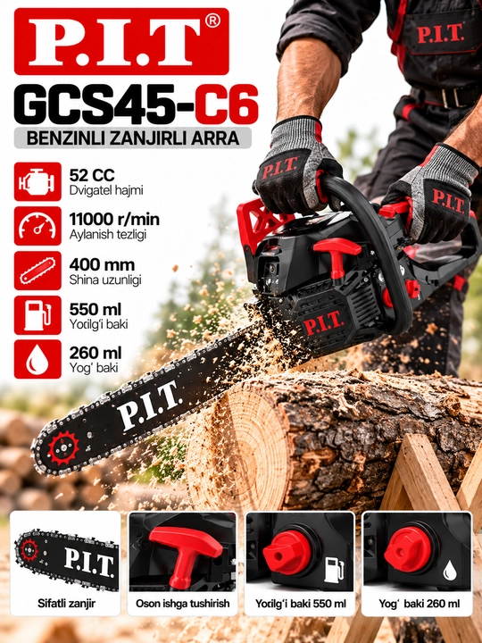 Бензиновая цепная пила P.I.T. GCS45-C6 52CC, шина 400 мм