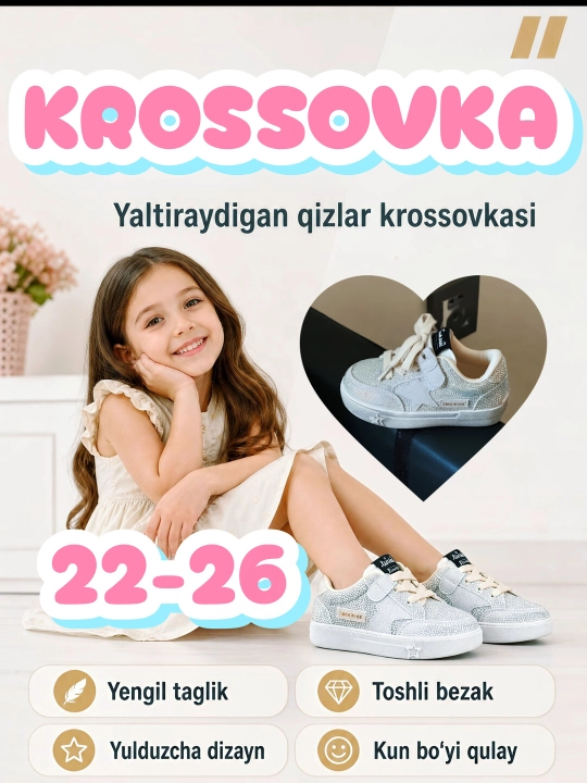 Qizlar uchun bolalar krossovkalari, bog‘cha uchun oyoq kiyim, qizlar uchun kedalar, 22–26