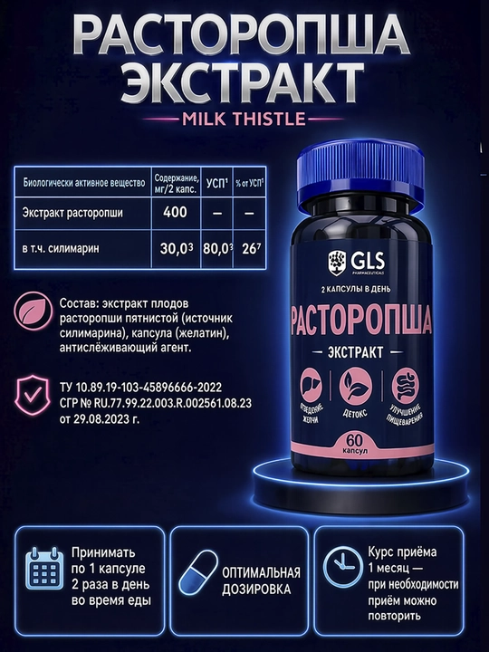 GLS Rastoropsha, urug‘ ekstrakti, jigar va ovqat hazm qilish tizimi uchun, 60 kapsula