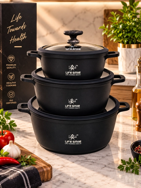 Qozonlar to‘plami Life Smile titan qoplamali shisha qopqoqli 3 dona - 