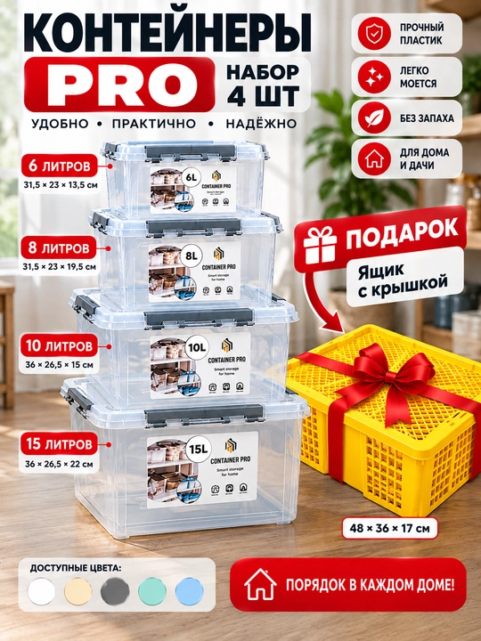 PRO plastik konteynerlar to‘plami 4 dona — 6, 8, 10 va 15 litr - 