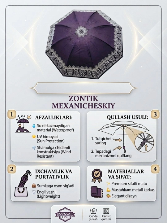 Ayollar uchun yig‘iladigan soyabon, yomg‘ir va quyosh uchun, shamolga chidamli