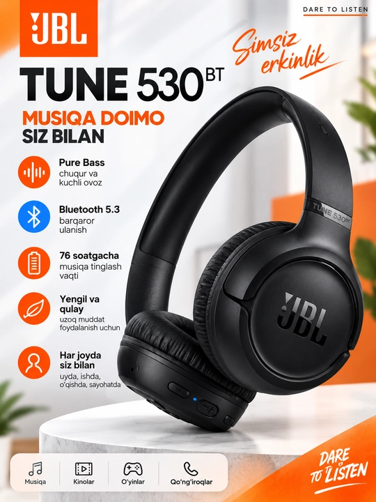 JBL Tune 530BT simsiz Bluetooth quloqchin, Pure Bass, uzoq ishlash vaqti, qora - 