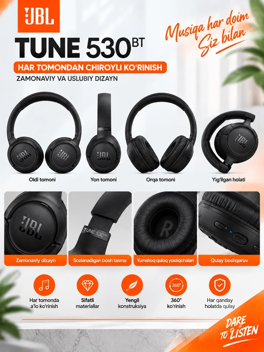 JBL Tune 530BT simsiz Bluetooth quloqchin, Pure Bass, uzoq ishlash vaqti, qora