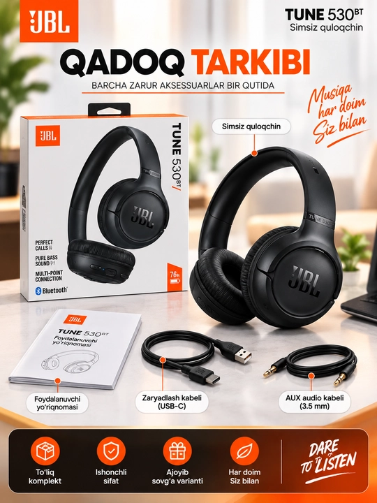 JBL Tune 530BT simsiz Bluetooth quloqchin, Pure Bass, uzoq ishlash vaqti, qora