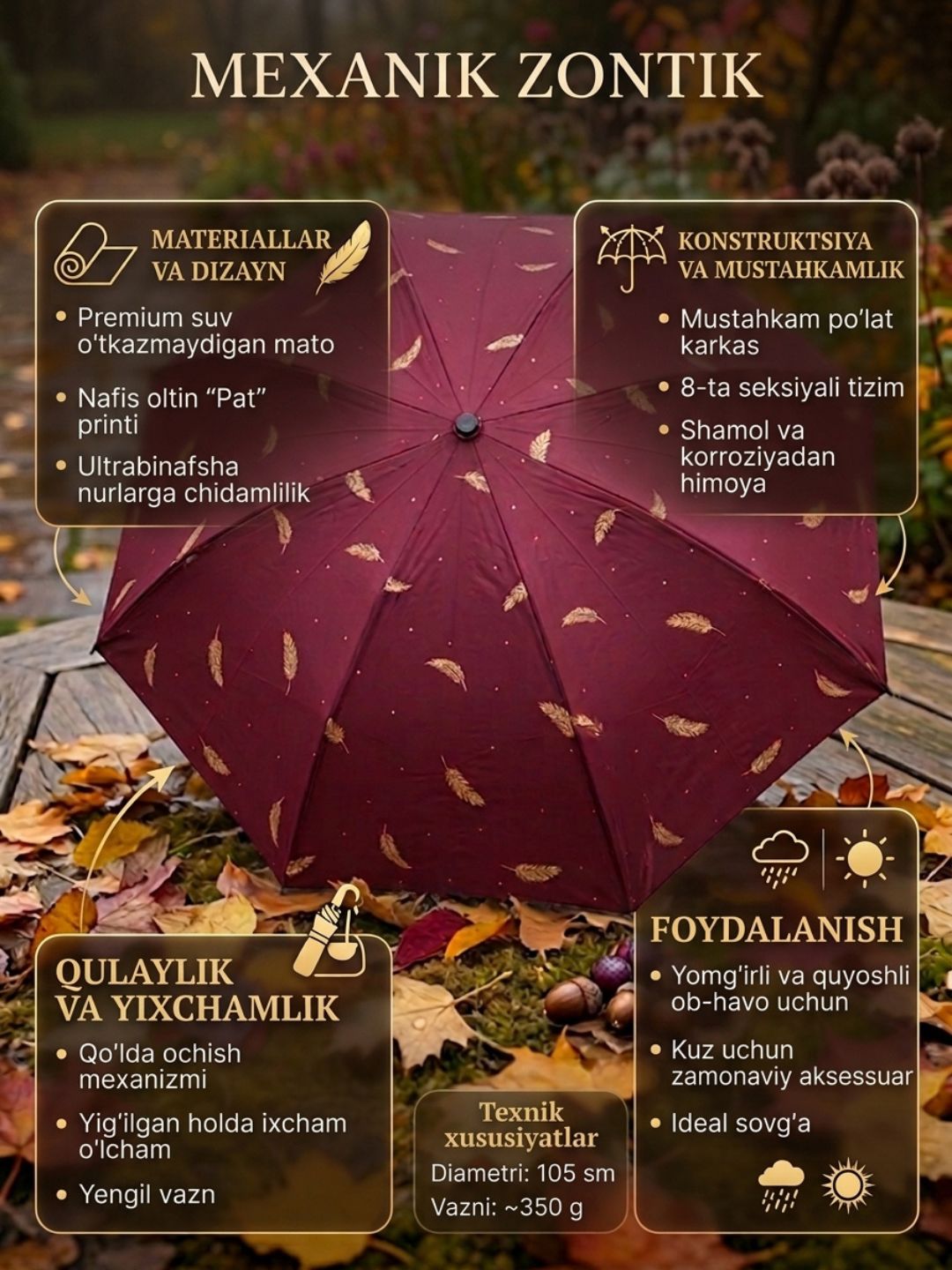 Ayollar uchun yig‘iladigan soyabon, yomg‘ir va quyosh uchun, shamolga chidamli
