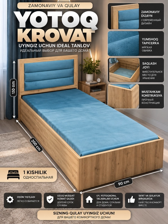 Bir kishilik zamonaviy yumshoq karavot, saqlash joyli, sifatli va mustahkam model - 