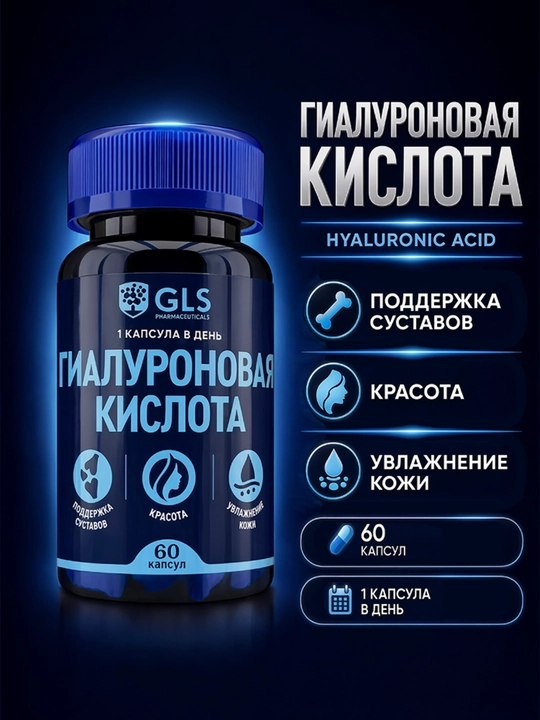 GLS Гиалуроновая кислота 150 мг, для кожи, суставов и соединительной ткани, 60 капсул - 