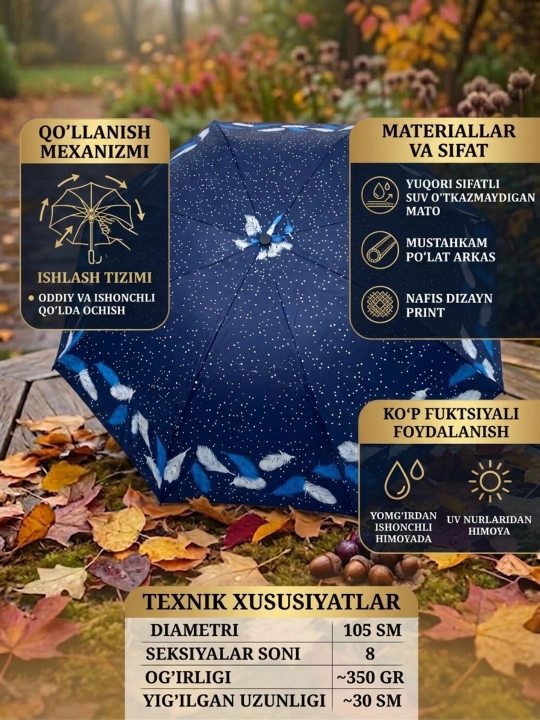 Ayollar uchun yig‘iladigan soyabon, yomg‘ir va quyosh uchun, shamolga chidamli