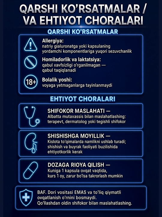 GLS Gialuron kislotasi 150 mg, teri, bo‘g‘imlar va biriktiruvchi to‘qima uchun, 60 kapsula