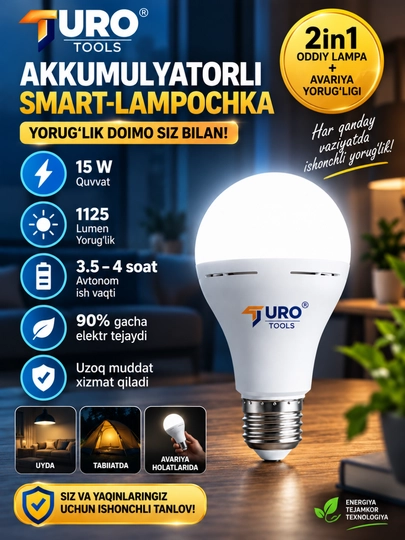Лампа с аккумулятором 15W, умная LED лампочка e27, аварийная лампа при отключении света - 