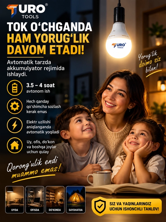 15 Vt quvvatli batareyali lampa, aqlli  LED chirog‘i chiroq o‘chganda favqulodda chirog‘i
