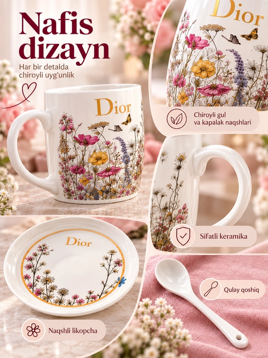 2 kishilik krujkalar to‘plami, 6 ta buyumdan iborat choy va qahva servizi, likopchalar va qoshiqlar bilan