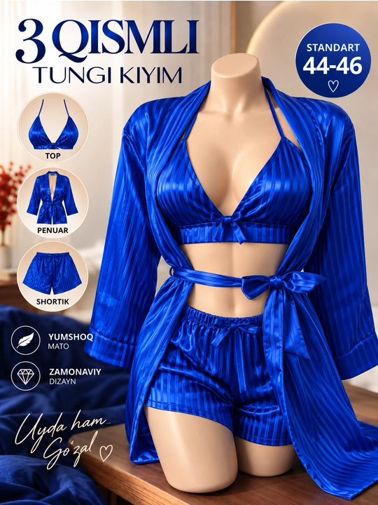 Ayollar uchun 3 qismli atlas tungi kiyim to‘plami, penuar, top va shortik, standart 44-46 - 