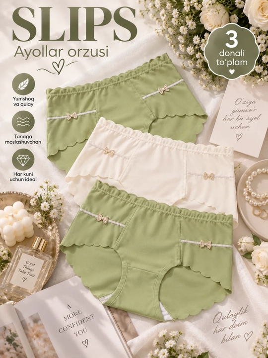 Ayollar trusiklari, slips, to'plamda 3 dona, FREESIZE ichki kiyim - 