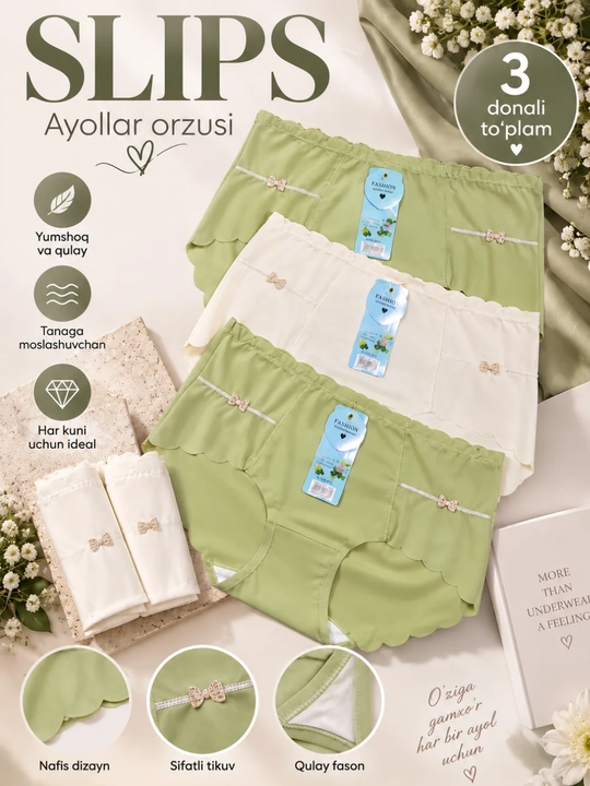 Ayollar trusiklari, slips, to'plamda 3 dona, FREESIZE ichki kiyim