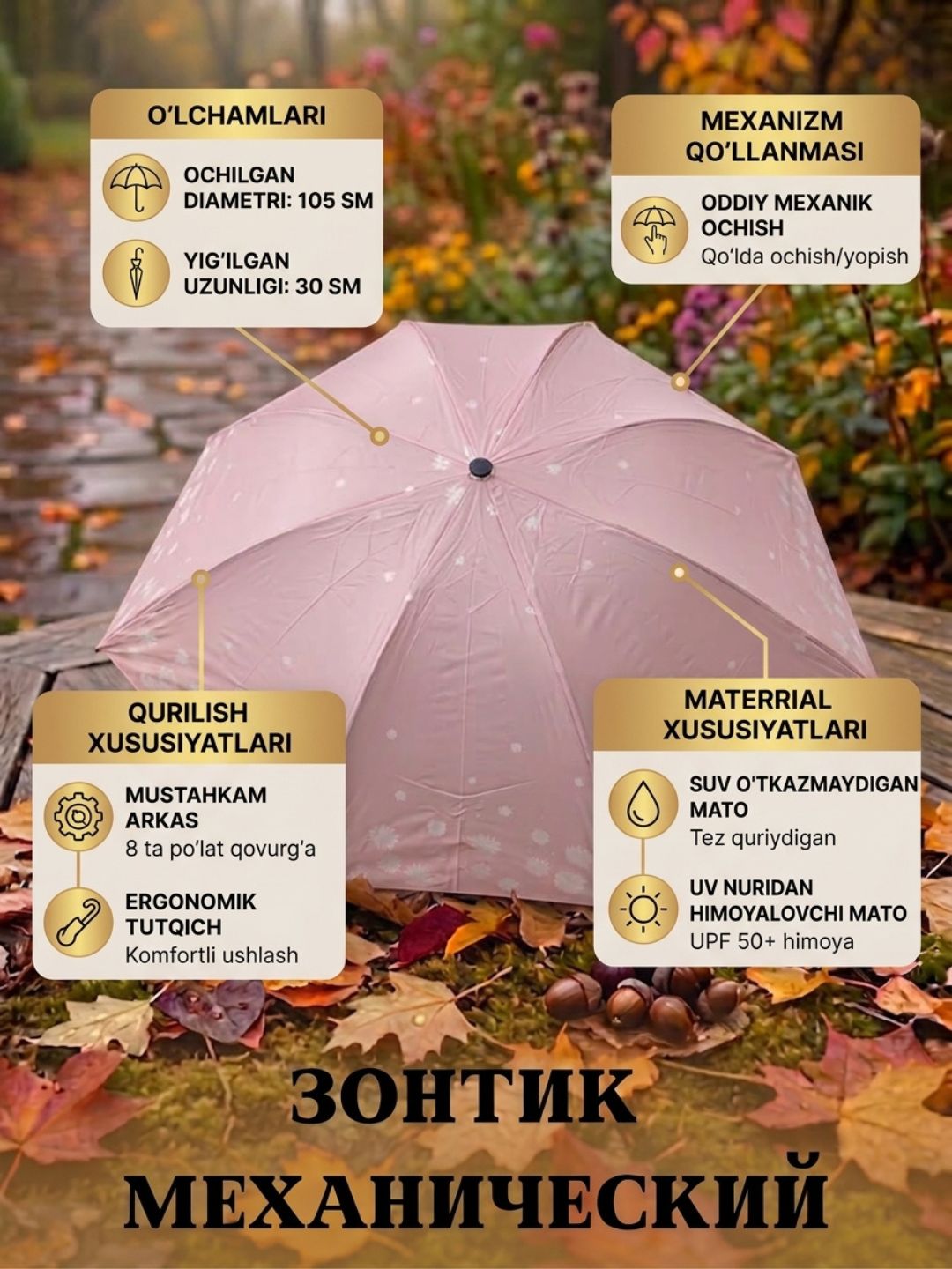 Ayollar uchun yig‘iladigan soyabon, yomg‘ir va quyosh uchun, shamolga chidamli