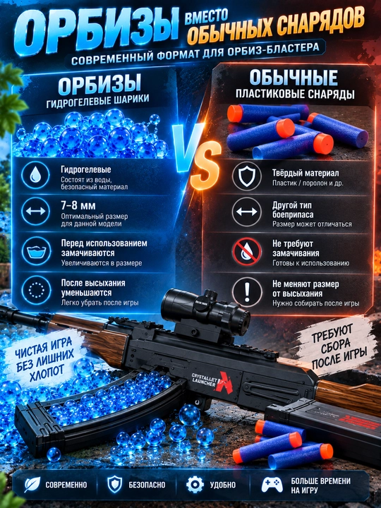 Игрушечный орбизный автомат АК-47 76 см, 2 режима, электрический, с полным комплектом
