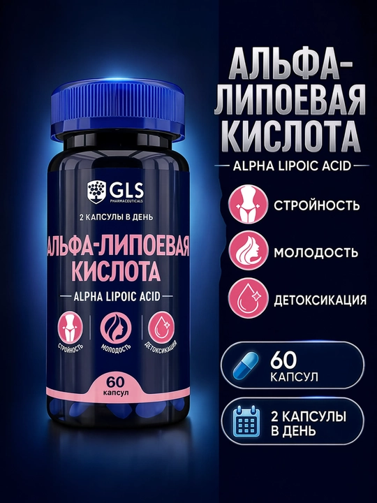 GLS Альфа-липоевая кислота ALA, для стройности, молодости и детоксикации, 60 капсул - 